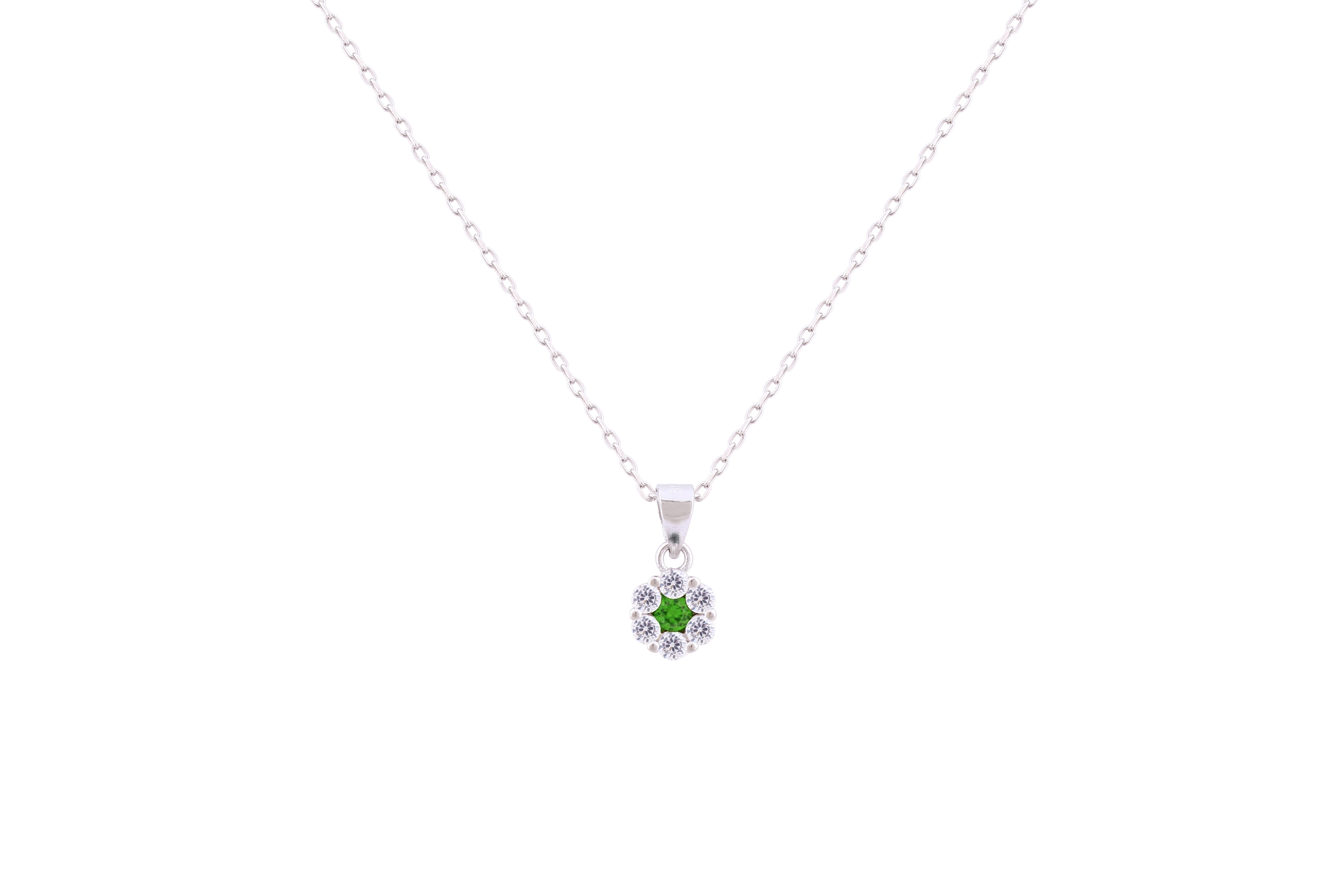 Asfour Crystal Chain Necklace With Emerald Flower Pendant In 925 Sterling Silver-NM0022-WG