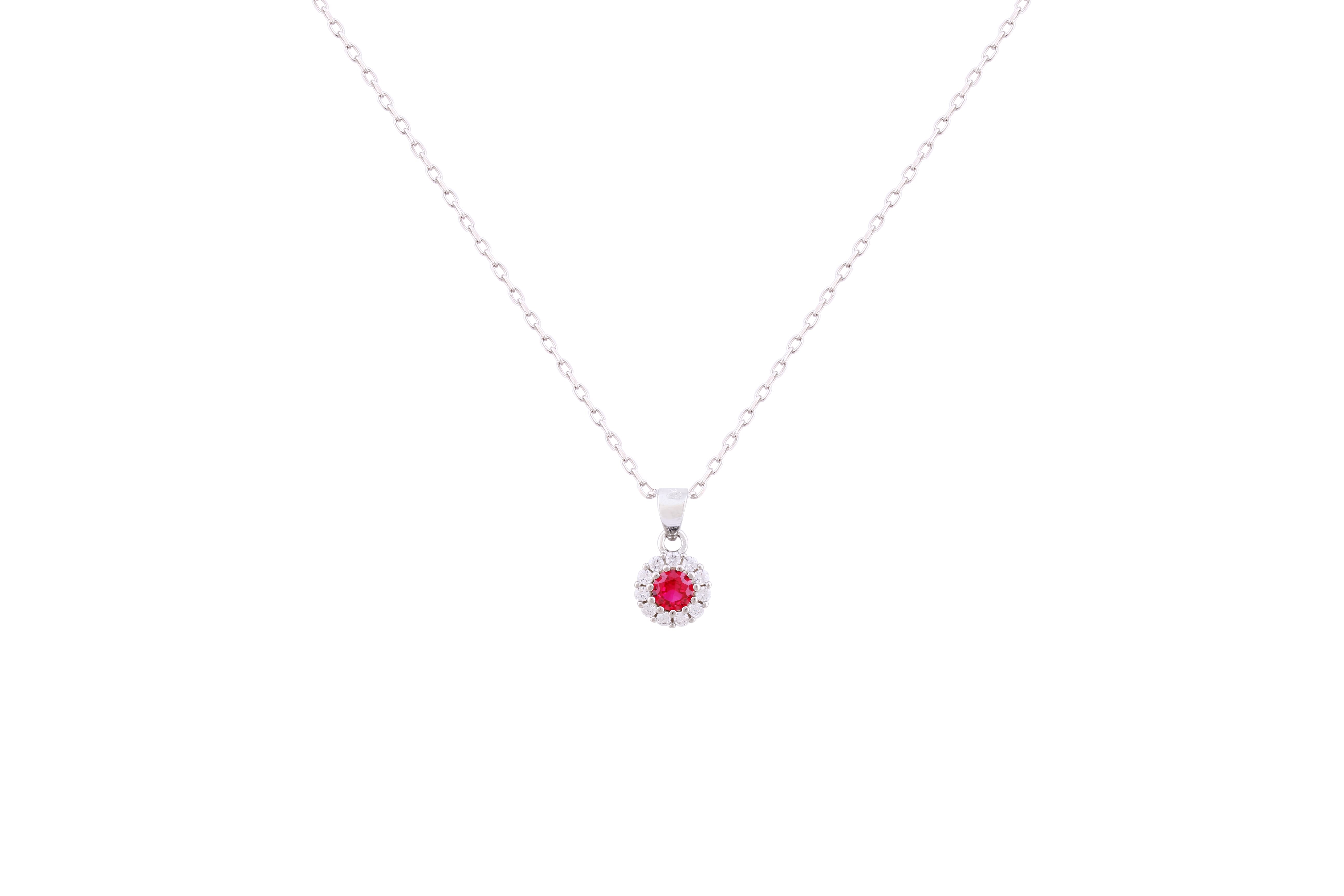 Asfour Crystal Chain Necklace With Halo Round Fuchsia Pendant In 925 Sterling Silver-NM0023-WF