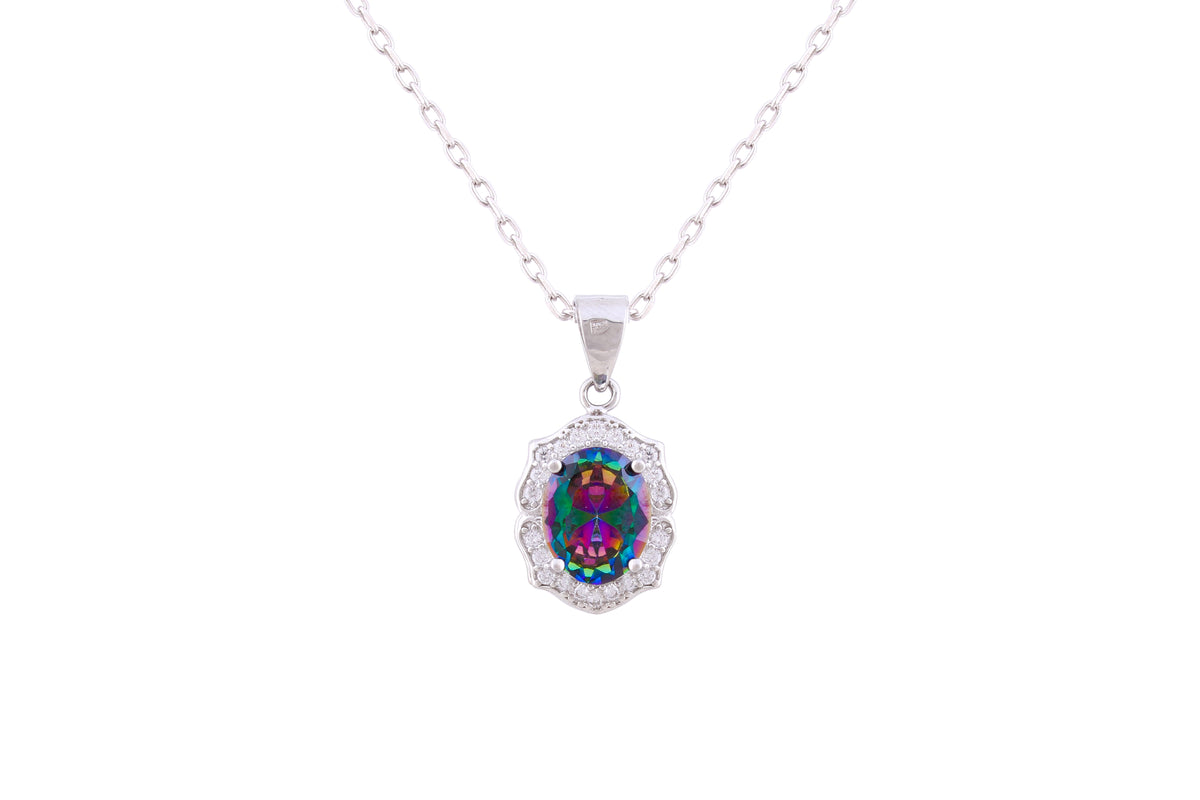 Asfour Crystal Chain Necklace With Multi Color Oval Pendant In 925 Sterling Silver-NM0026-AP