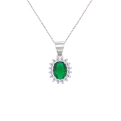 Asfour Creations Box Chain Necklace With Halo Emerald Oval Pendant In 925 Sterling Silver – NM0035-G