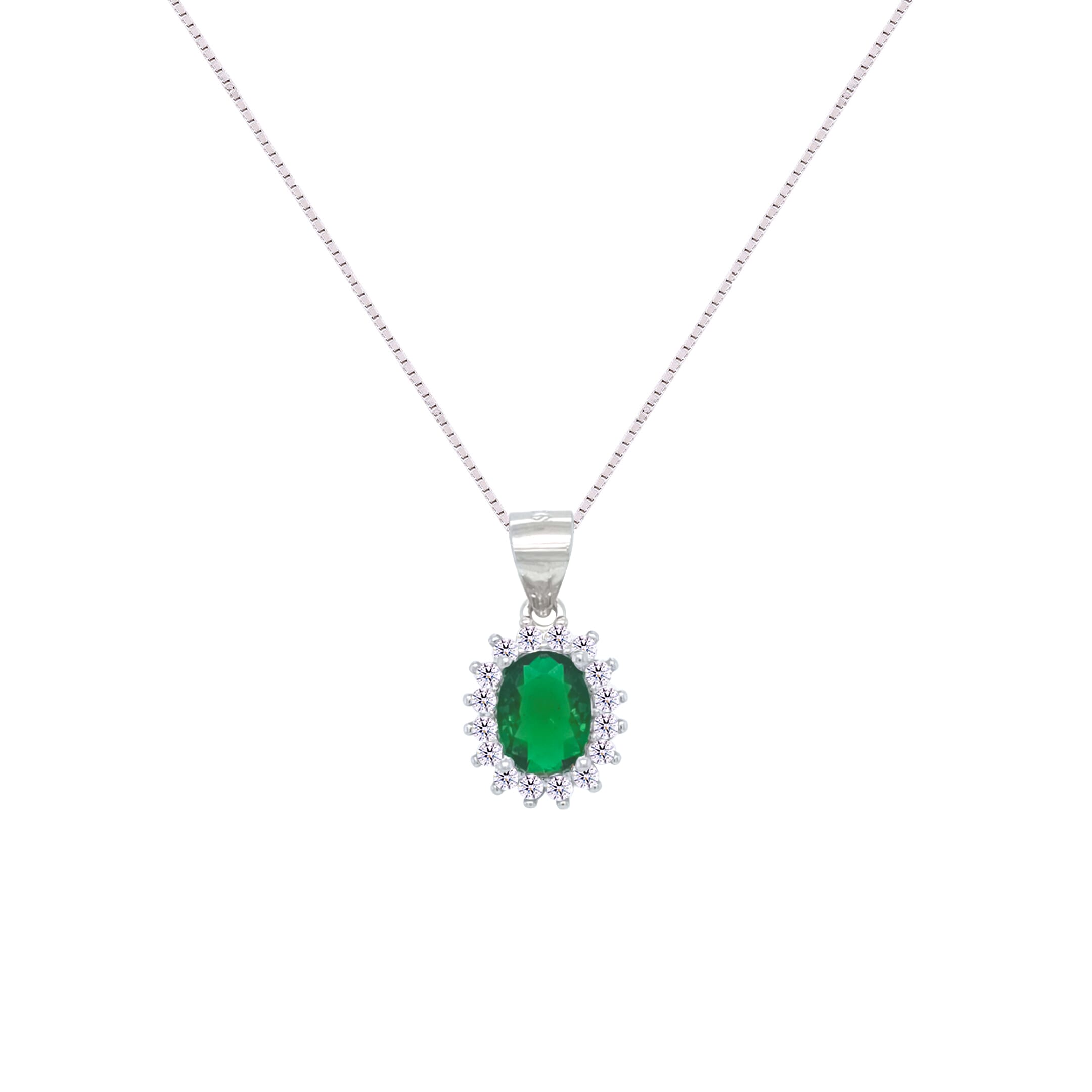 Asfour Crystal Box Chain Necklace With Halo Emerald Oval Pendant In 925 Sterling Silver-NM0035-G
