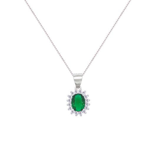 Asfour Crystal Box Chain Necklace With Halo Emerald Oval Pendant In 925 Sterling Silver-NM0035-G