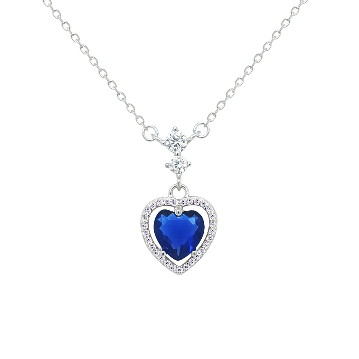 Asfour Crystal Chain Necklace With Blue Heart Pendant In 925 Sterling Silver-NM0073-B