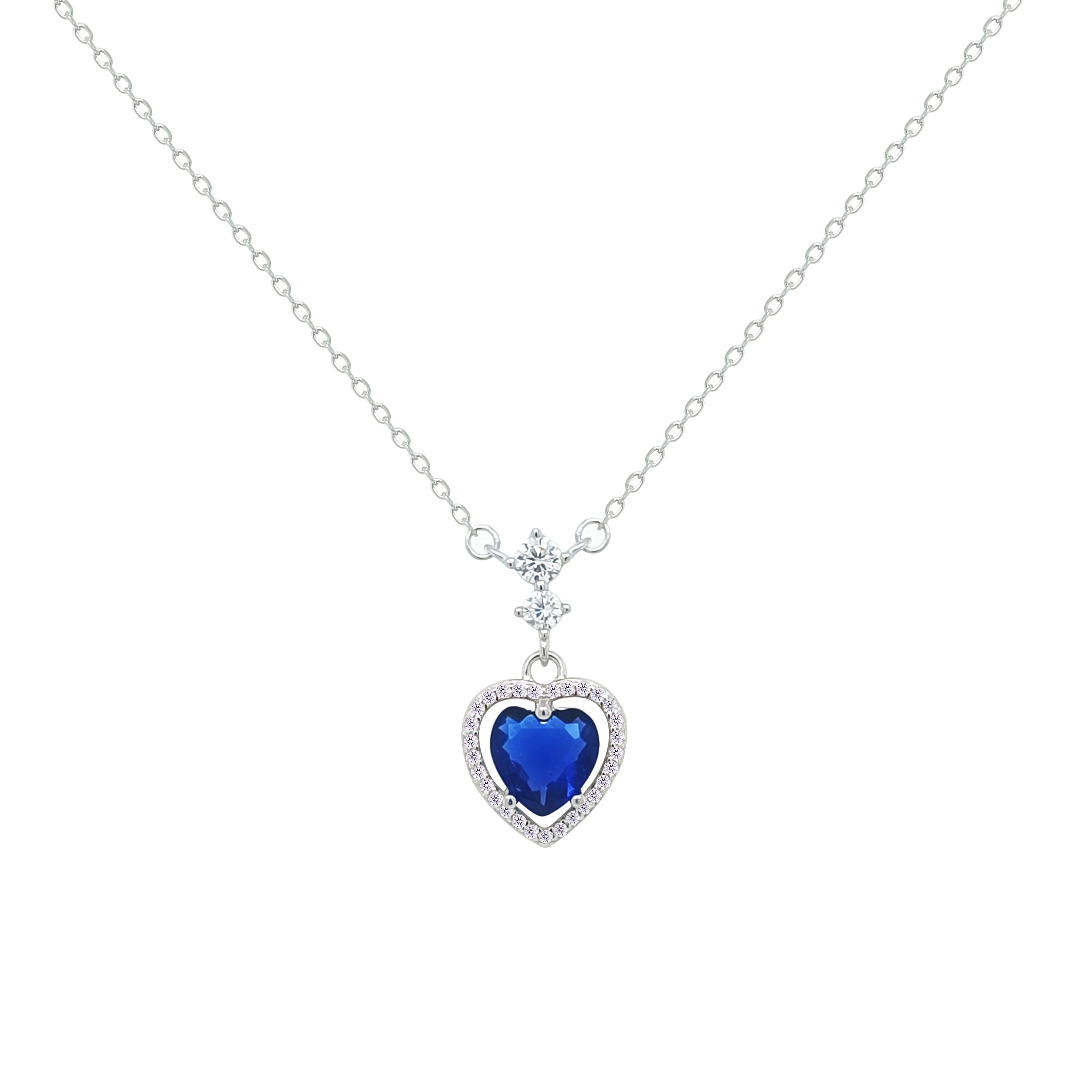Asfour Crystal Chain Necklace With Blue Heart Pendant In 925 Sterling Silver-NM0073-B