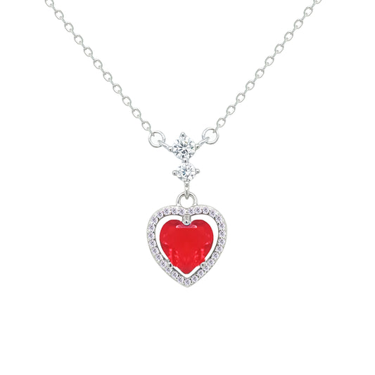 Asfour Crystal Chain Necklace With Ruby Heart Pendant In 925 Sterling Silver-NM0073-R