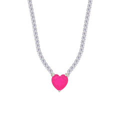 Asfour Creations Tennis Necklace With Fuchsia Heart Stone In 925 Sterling Silver – NM0075-WF