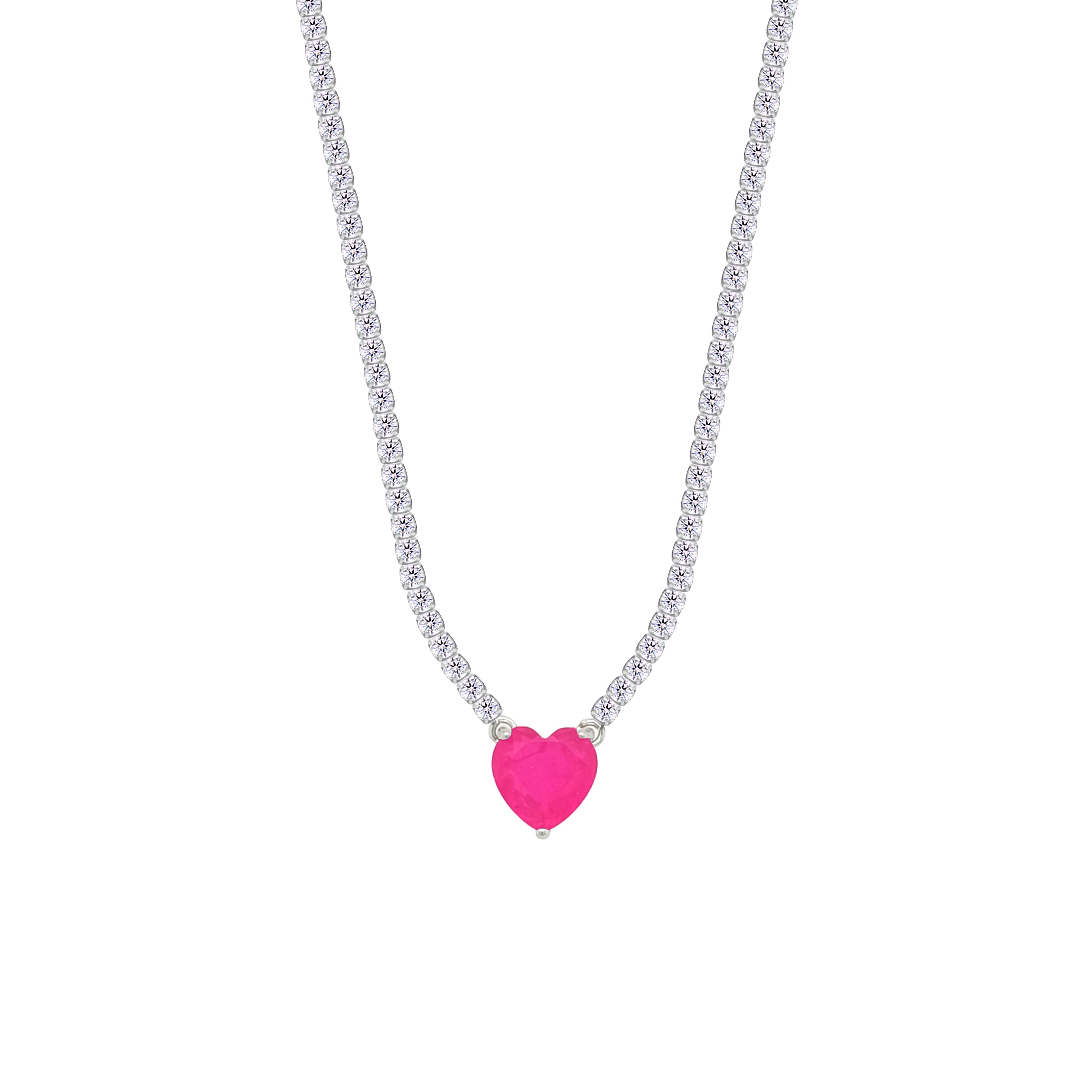Asfour Crystal Tennis Necklace With Fuchsia Heart Stone In 925 Sterling Silver-NM0075-WF
