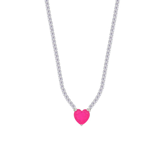 Asfour Crystal Tennis Necklace With Fuchsia Heart Stone In 925 Sterling Silver-NM0075-WF