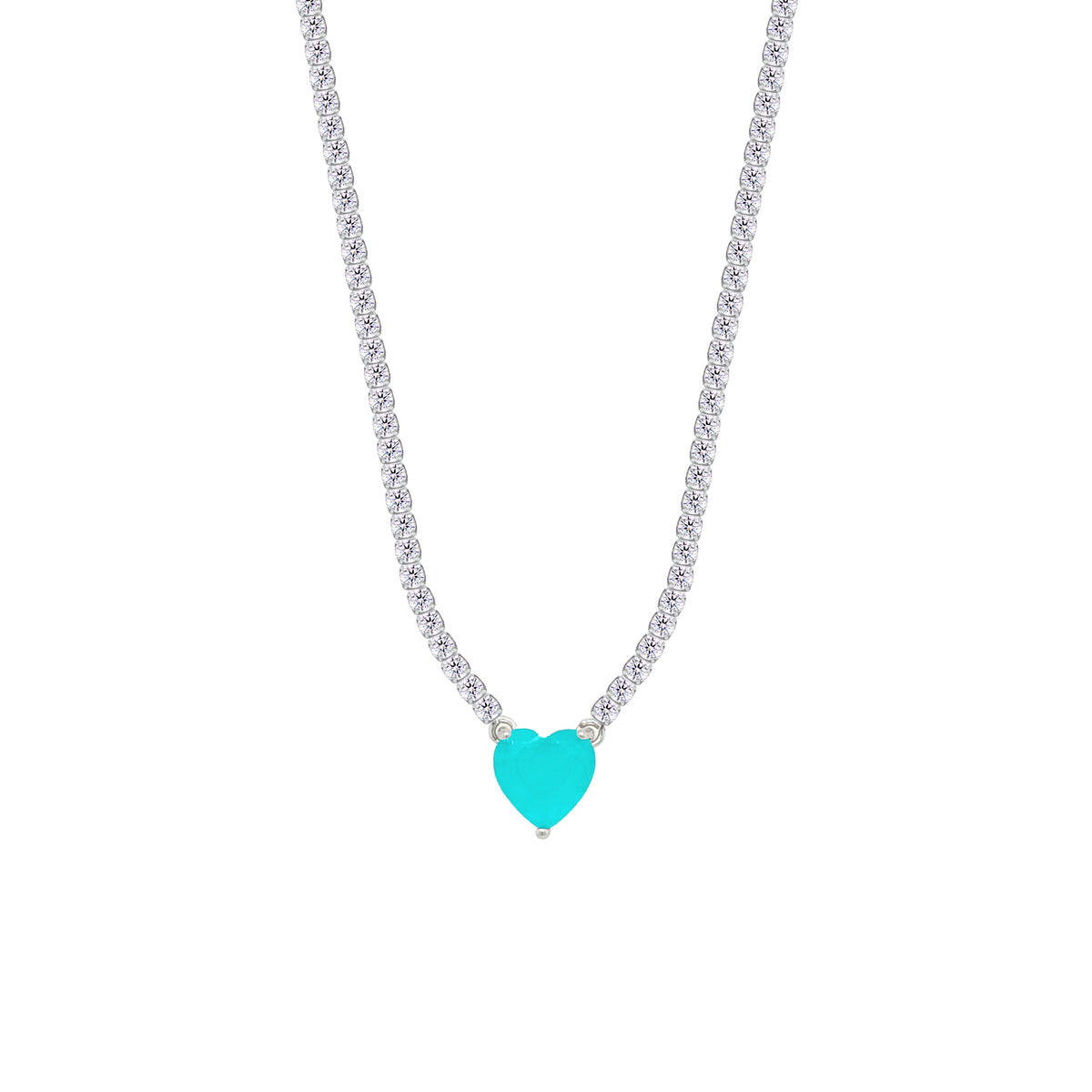Asfour Crystal Tennis Necklace With Turquoise Heart Stone In 925 Sterling Silver-NM0075-WGC