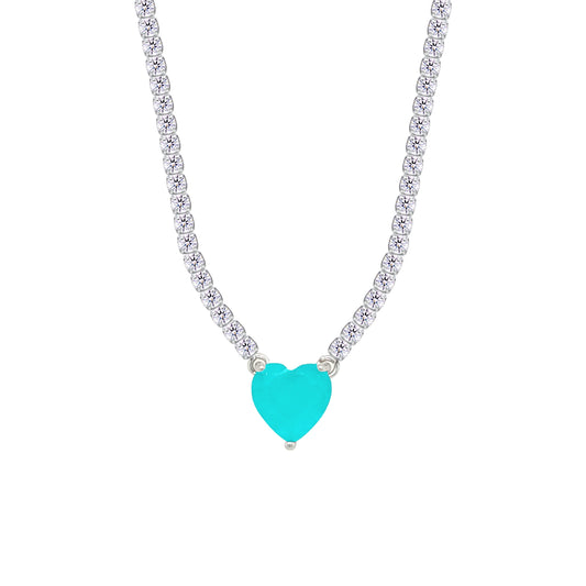Asfour Crystal Tennis Necklace With Turquoise Heart Stone In 925 Sterling Silver-NM0075-WGC