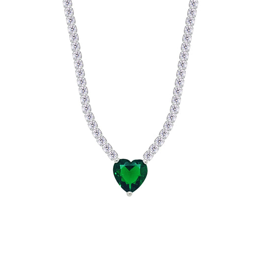 Asfour Crystal Tennis Necklace With Emerald Heart Stone In 925 Sterling Silver-NM0076-WG