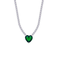 Asfour Crystal Tennis Necklace With Emerald Heart Stone In 925 Sterling Silver-NM0076-WG