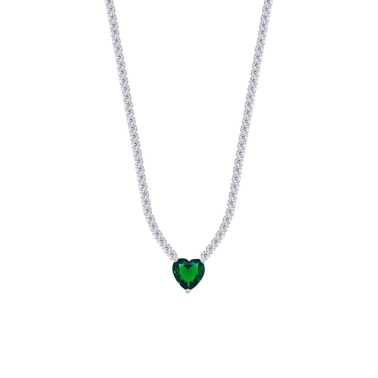 Asfour Crystal Tennis Necklace With Emerald Heart Stone In 925 Sterling Silver-NM0076-WG