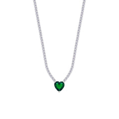 Asfour Crystal Tennis Necklace With Emerald Heart Stone In 925 Sterling Silver-NM0076-WG
