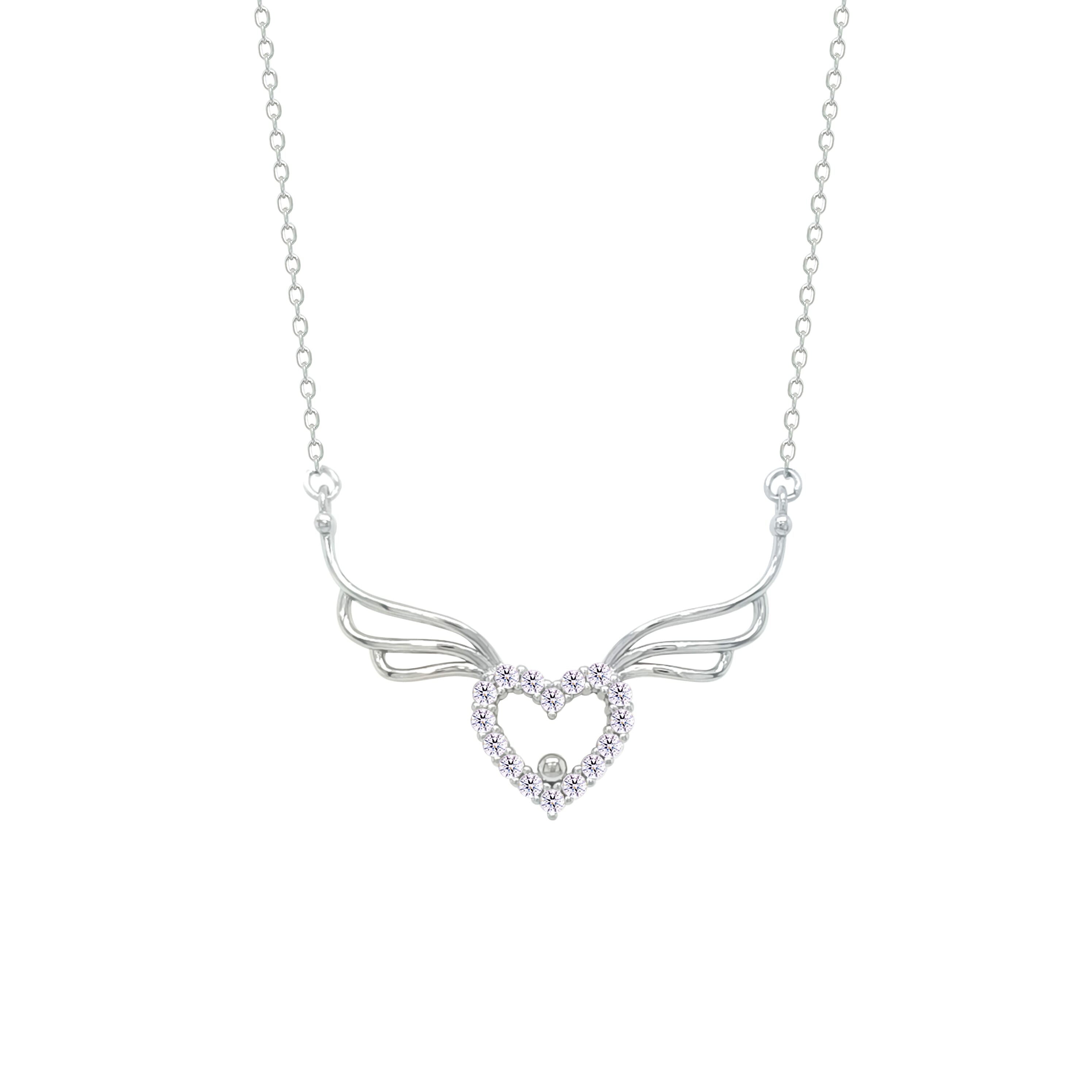 Asfour Crystal Chain Necklace With Angel Wings Heart Pendant In 925 Sterling Silver-NM0077
