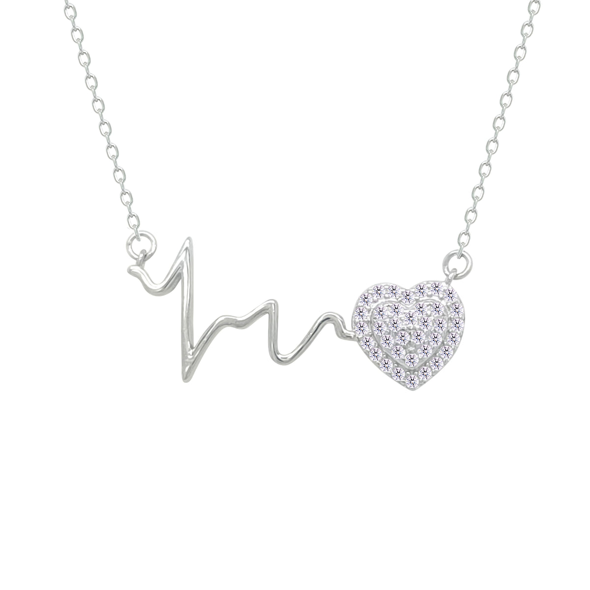 Asfour Crystal Chain Necklace With Heart & Heartbeat Pendant In 925 Sterling Silver-NM0078