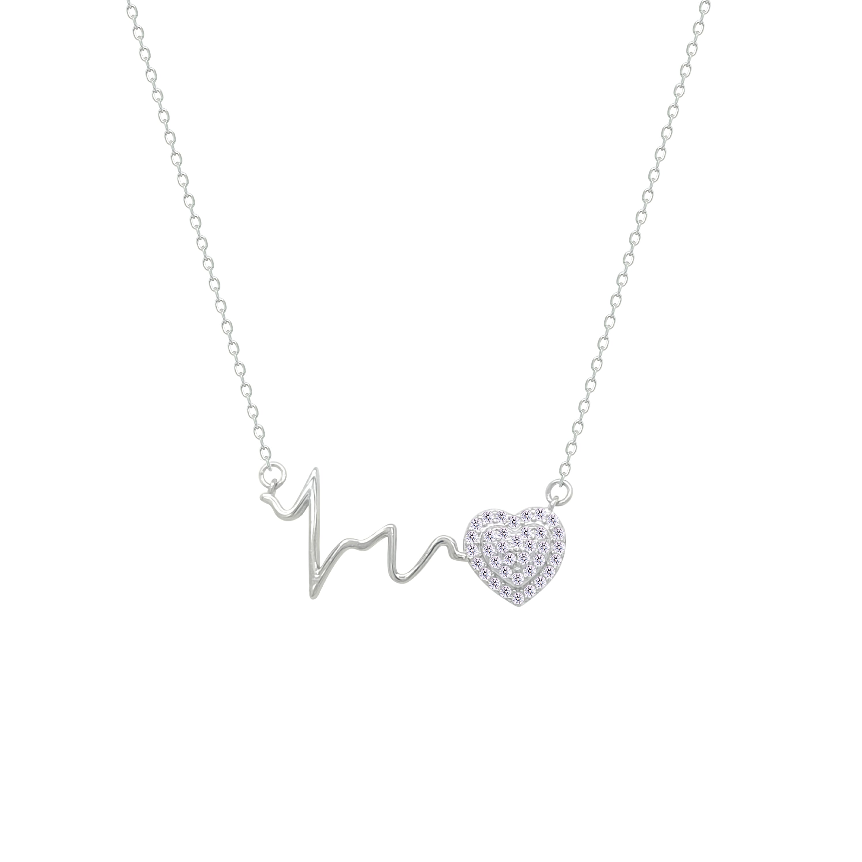 Asfour Crystal Chain Necklace With Heart & Heartbeat Pendant In 925 Sterling Silver-NM0078