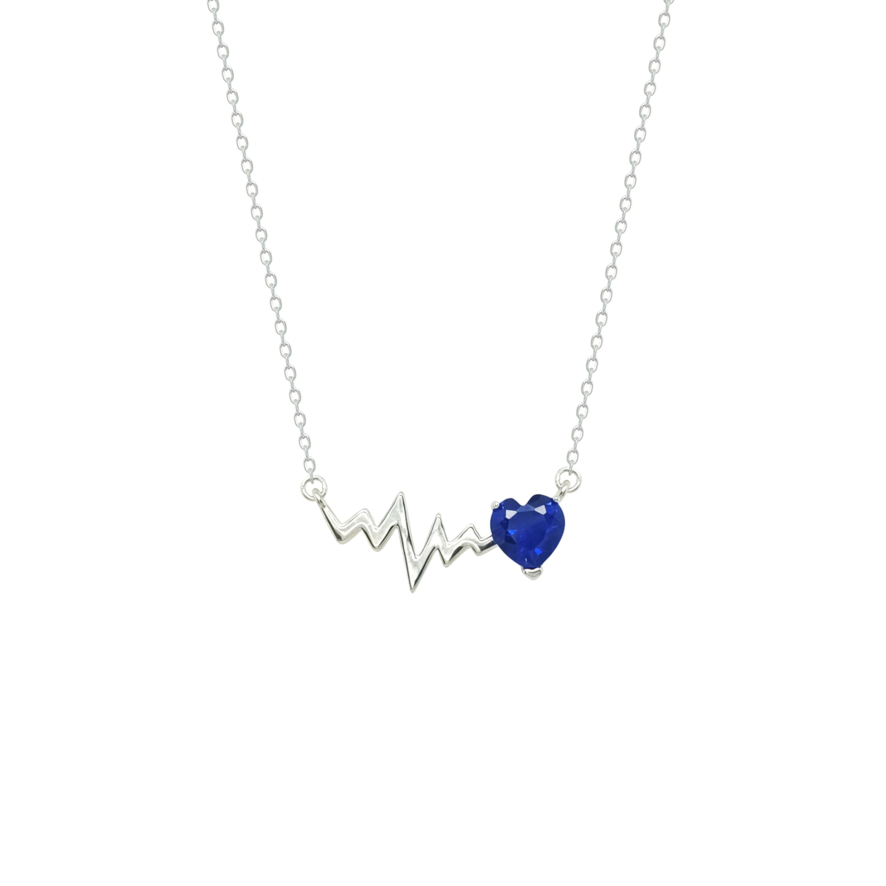 Asfour Crystal Chain Necklace With Blue Heart & Heartbeat Pendant In 925 Sterling Silver-NM0079-B