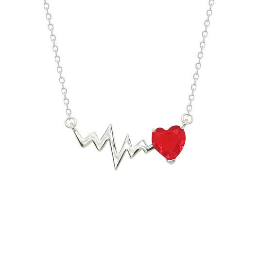Asfour Crystal Chain Necklace With Ruby Heart & Heartbeat Pendant In 925 Sterling Silver-NM079-R