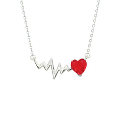 Asfour Crystal Chain Necklace With Ruby Heart & Heartbeat Pendant In 925 Sterling Silver-NM079-R