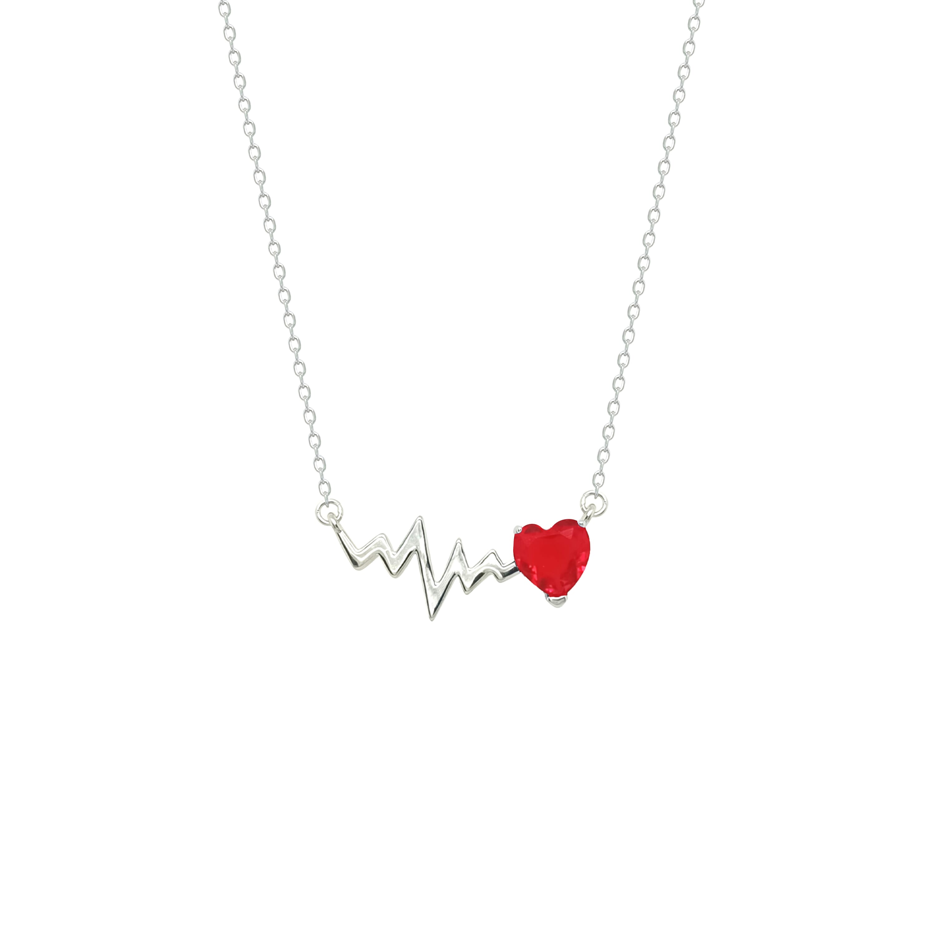 Asfour Crystal Chain Necklace With Ruby Heart & Heartbeat Pendant In 925 Sterling Silver-NM079-R