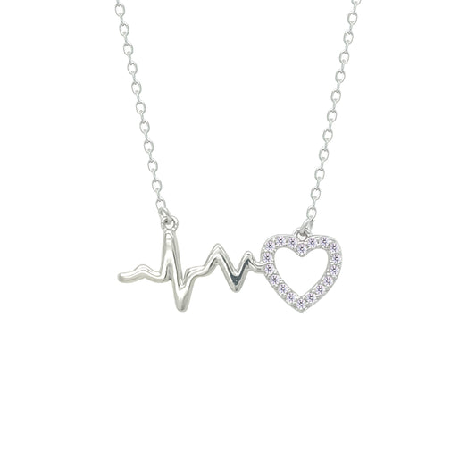 Asfour Crystal Chain Necklace With Heart & Heartbeat Pendant In 925 Sterling Silver-NM0080