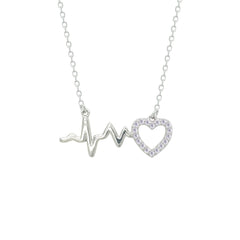 Asfour Crystal Chain Necklace With Heart & Heartbeat Pendant In 925 Sterling Silver-NM0080