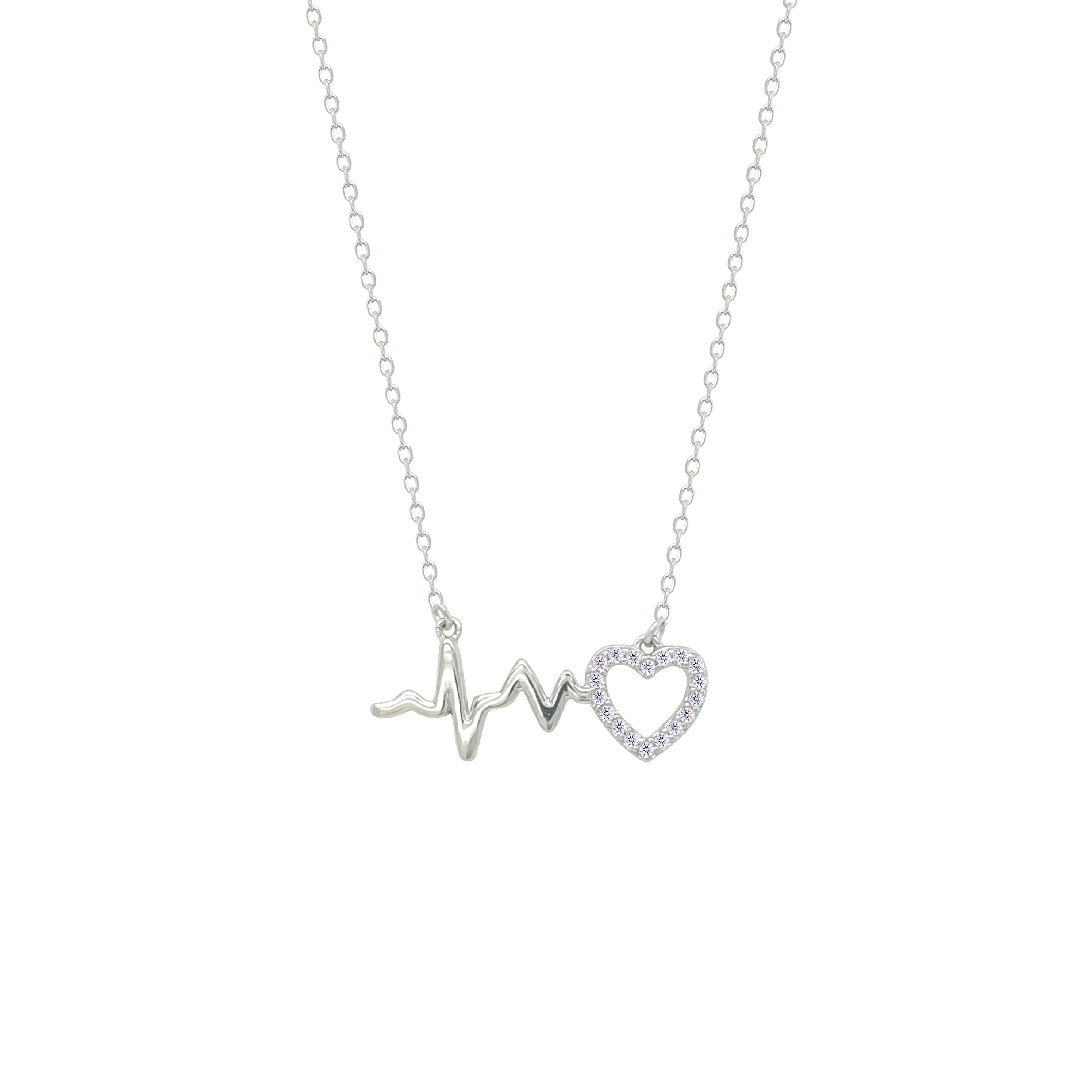 Asfour Crystal Chain Necklace With Heart & Heartbeat Pendant In 925 Sterling Silver-NM0080