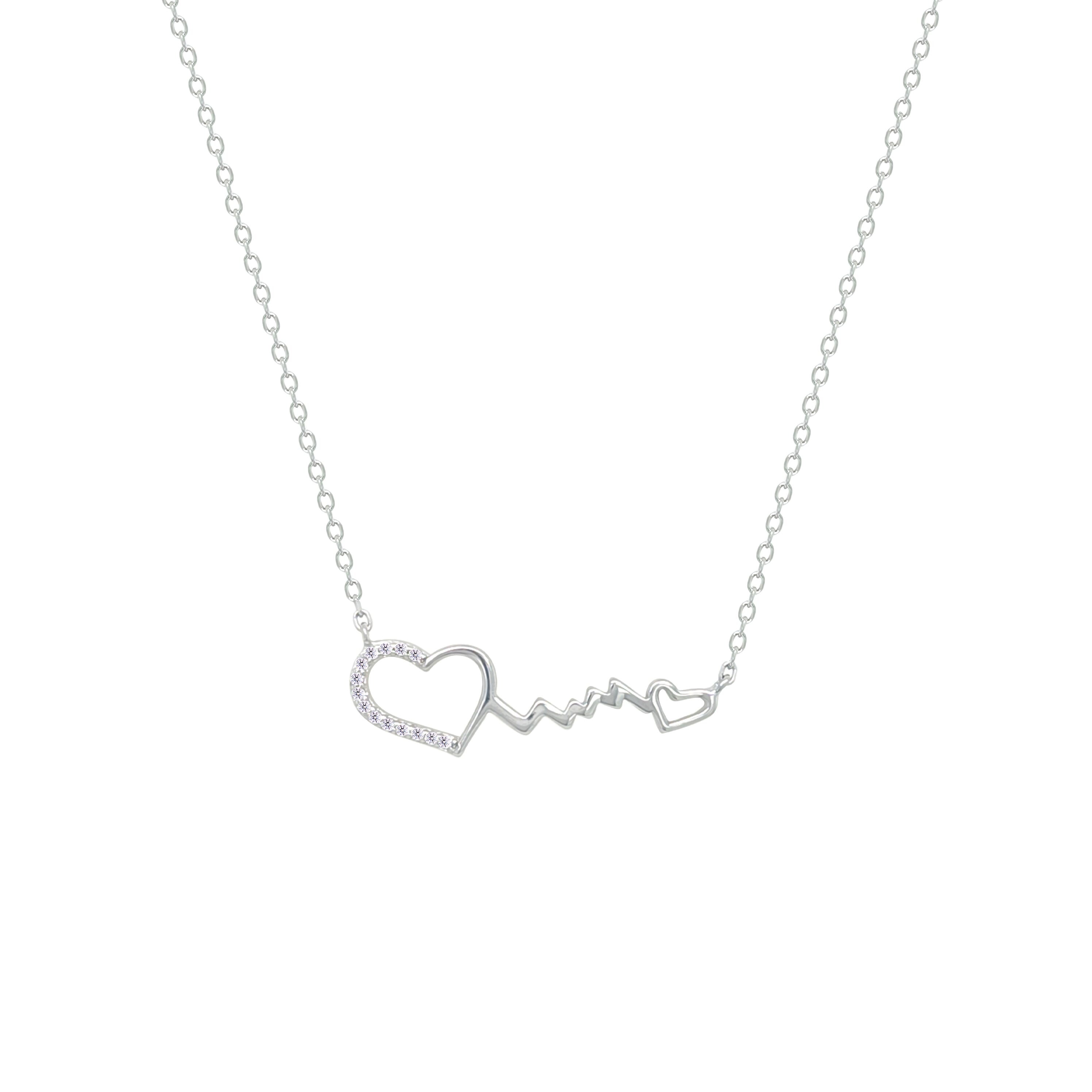Asfour Crystal Chain Necklace With Hearts & Heartbeat Pendant In 925 Sterling Silver-NM0081
