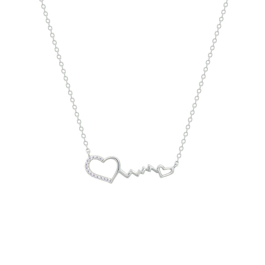 Asfour Crystal Chain Necklace With Hearts & Heartbeat Pendant In 925 Sterling Silver-NM0081