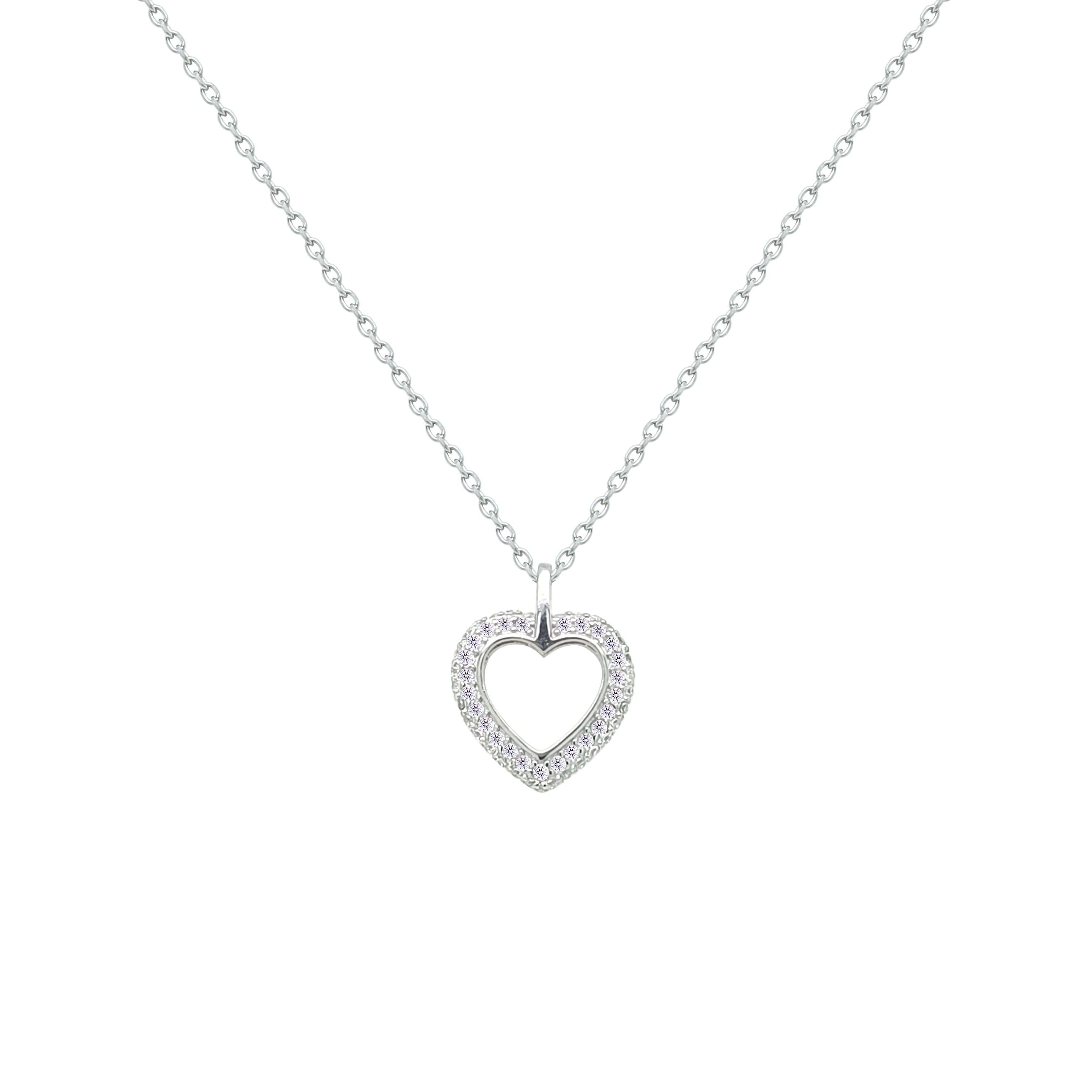 Asfour Crystal Chain Necklace With Hollow Heart Pendant In 925 Sterling Silver-NM0084