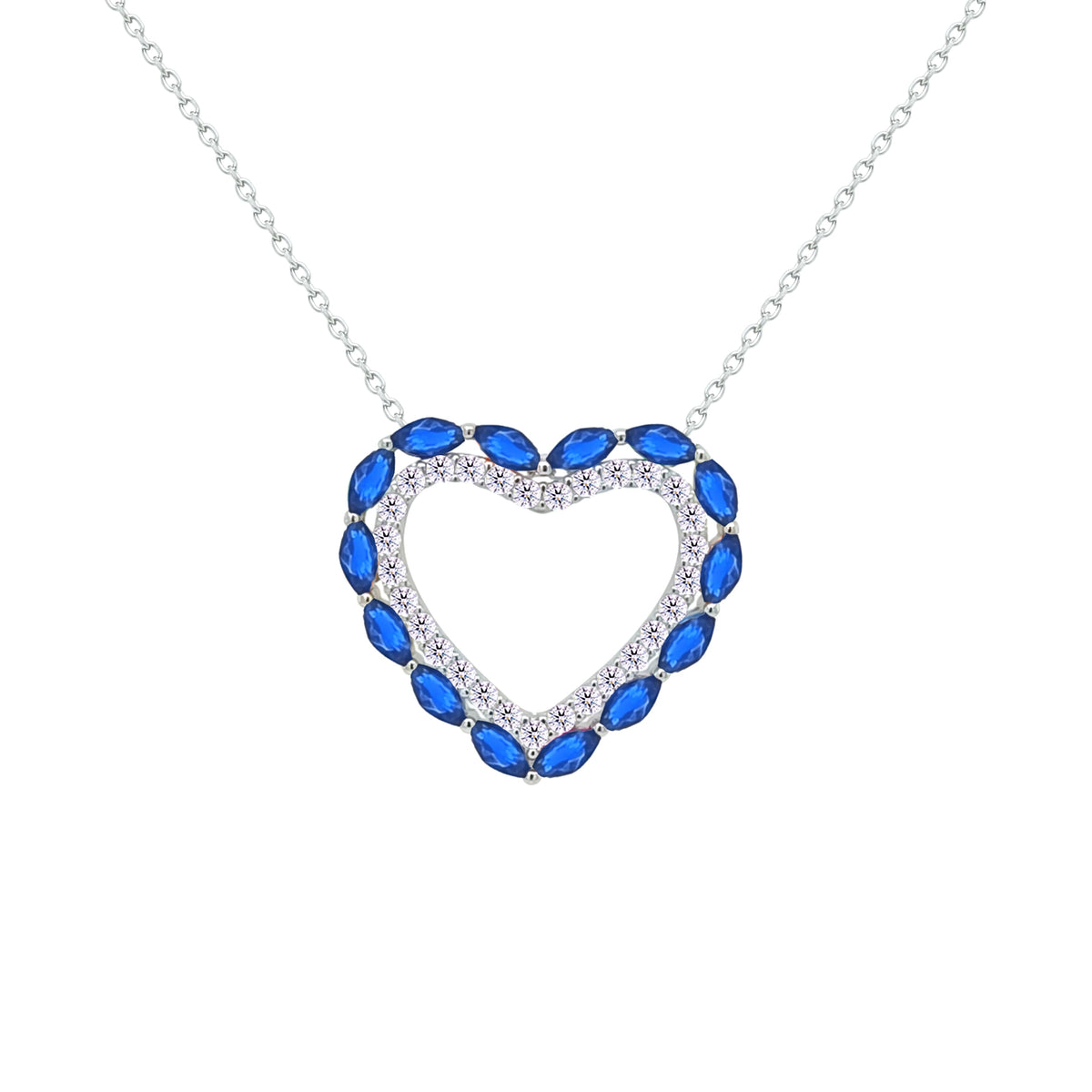Asfour Crystal Chain Necklace With Blue Heart Pendant In 925 Sterling Silver-NM0085-WB