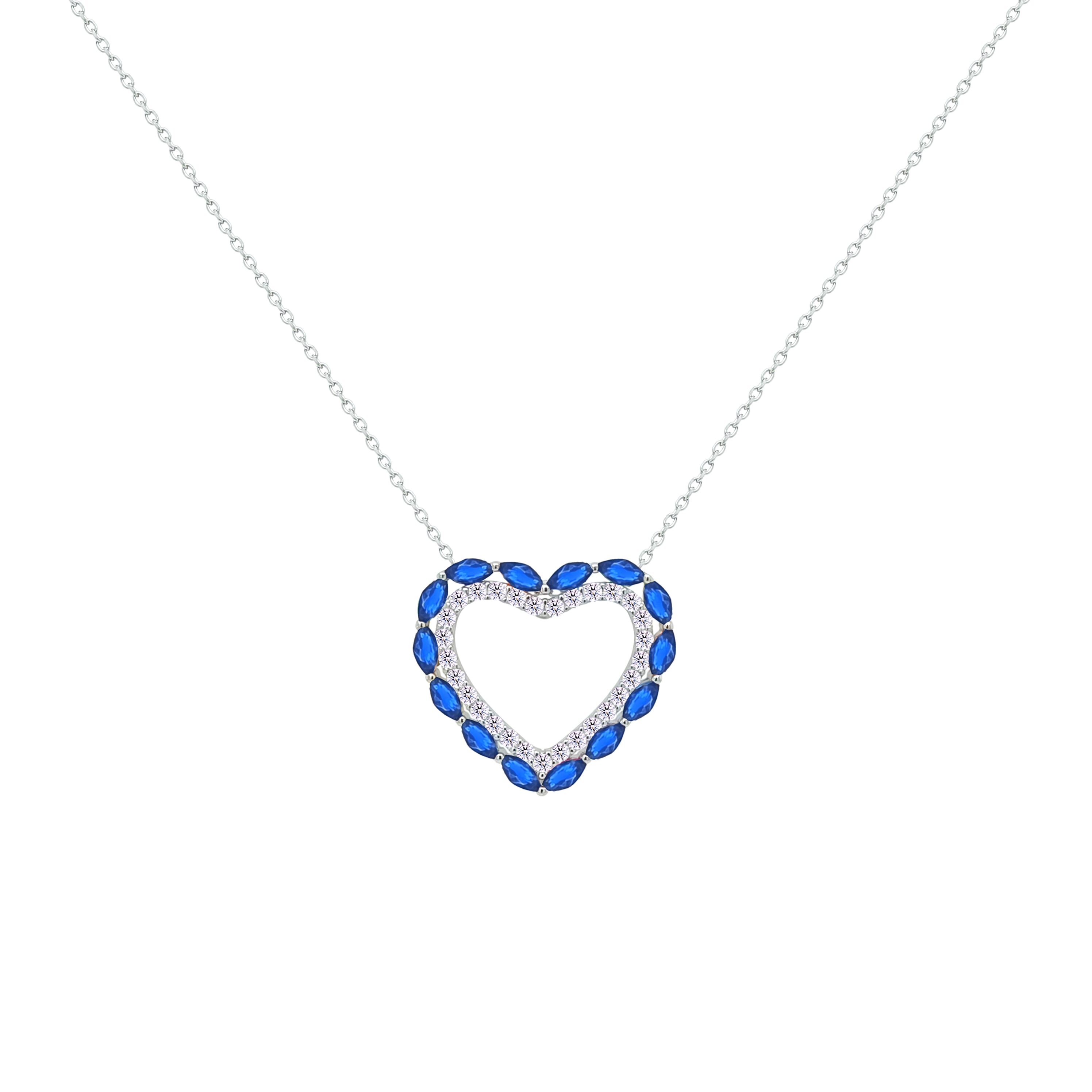 Asfour Crystal Chain Necklace With Blue Heart Pendant In 925 Sterling Silver-NM0085-WB