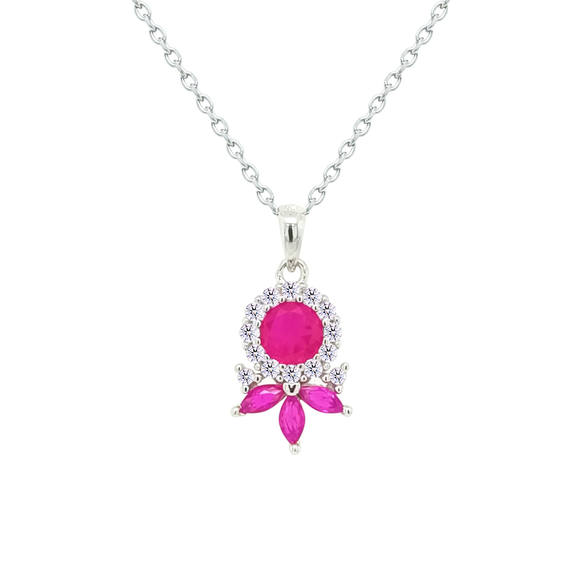 Asfour Crystal Chain Necklace With Art Deco Fuchsia Round Design In 925 Sterling Silver-NM0092-F