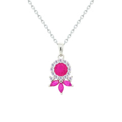 Asfour Crystal Chain Necklace With Art Deco Fuchsia Round Design In 925 Sterling Silver-NM0092-F