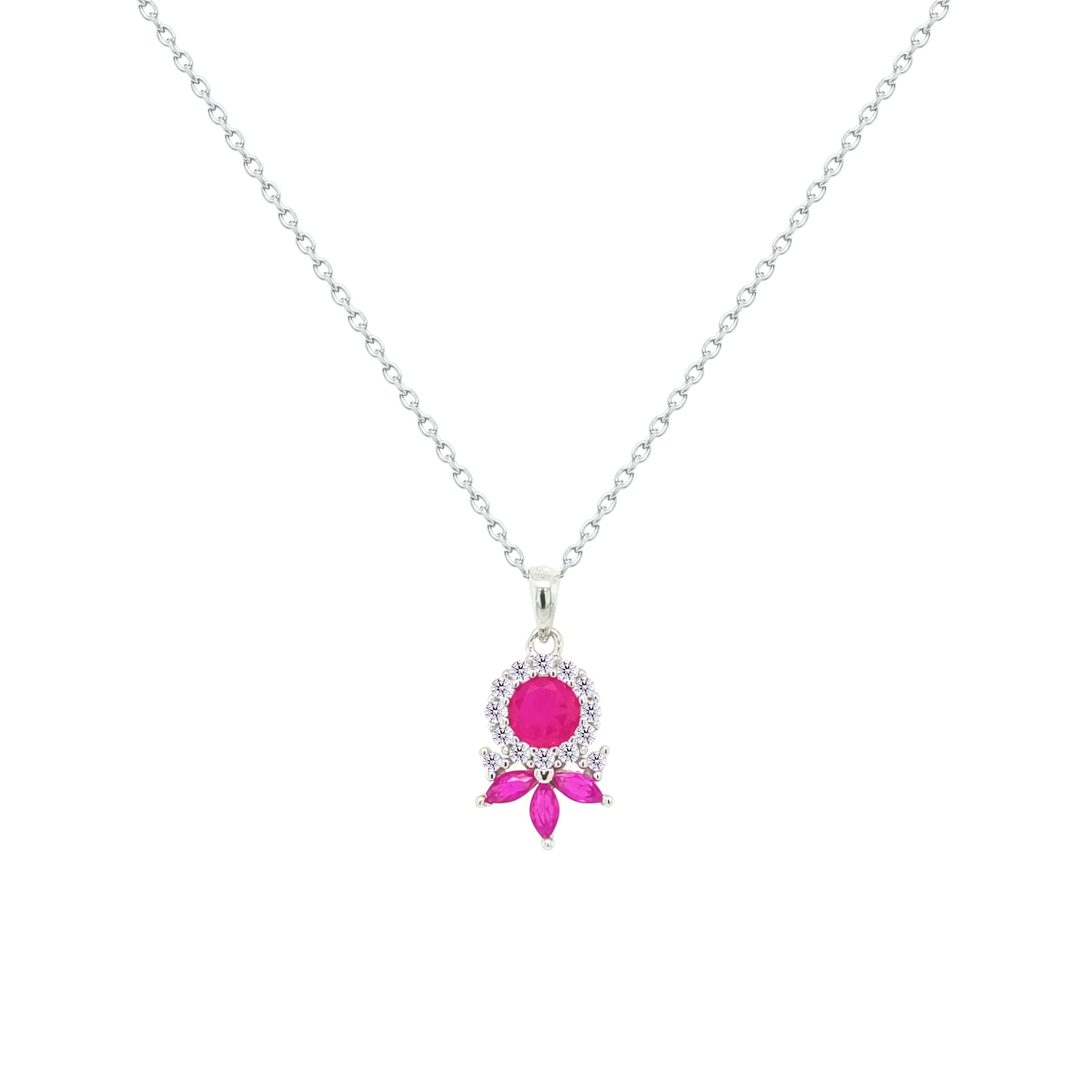 Asfour Crystal Chain Necklace With Art Deco Fuchsia Round Design In 925 Sterling Silver-NM0092-F