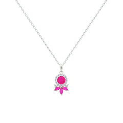 Asfour Crystal Chain Necklace With Art Deco Fuchsia Round Design In 925 Sterling Silver-NM0092-F