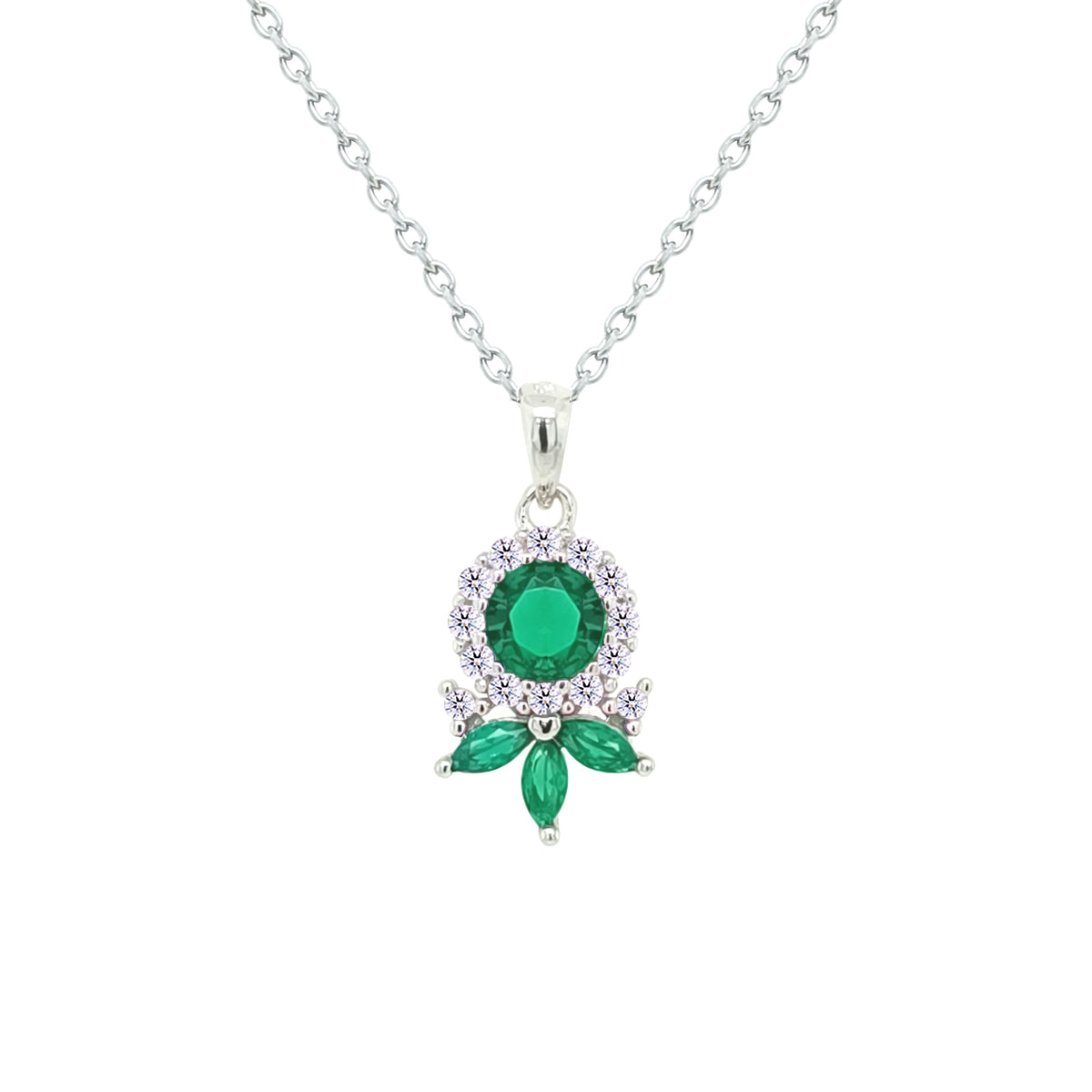 Asfour Crystal Chain Necklace With Art Deco Emerald Round Design In 925 Sterling Silver-NM0092-G