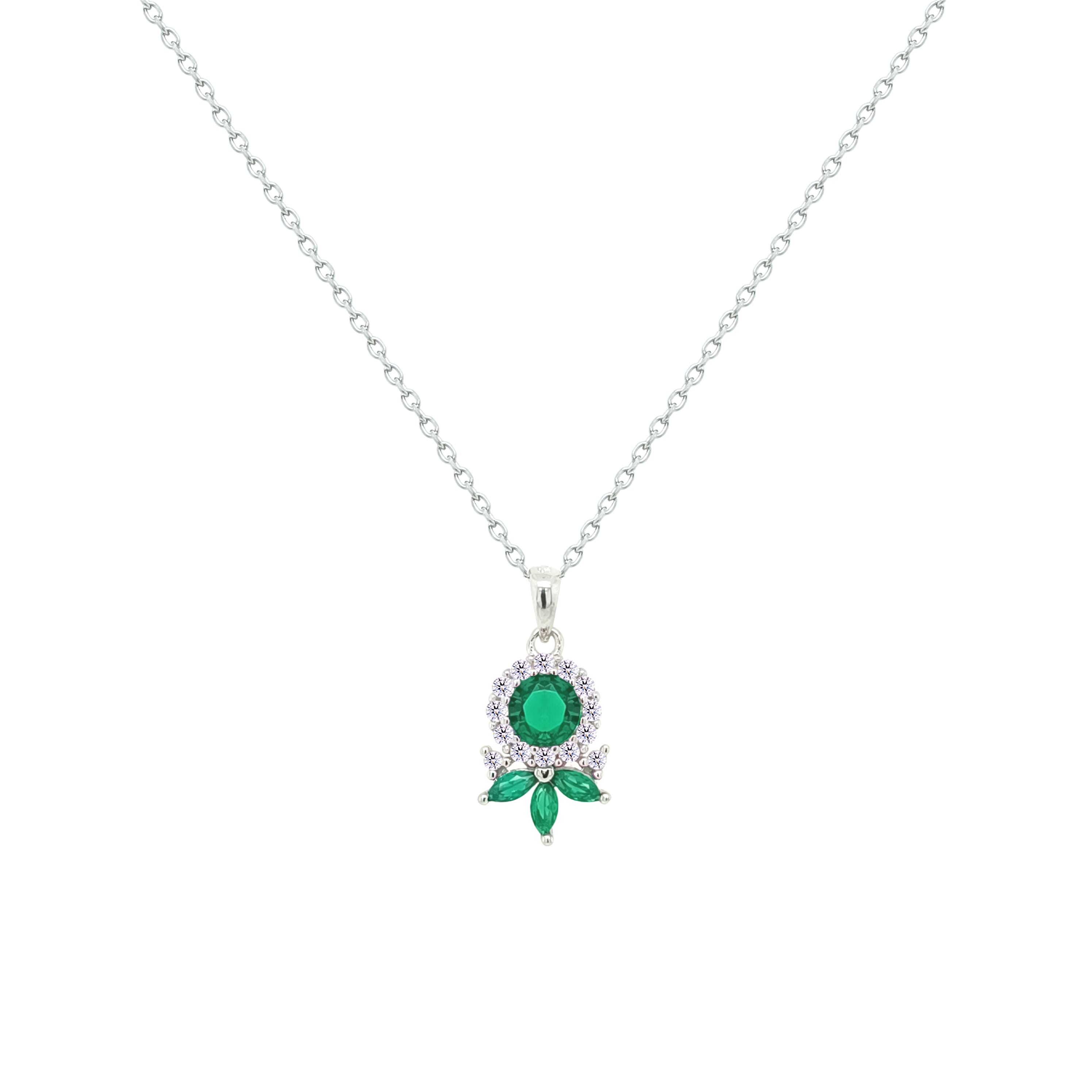 Asfour Crystal Chain Necklace With Art Deco Emerald Round Design In 925 Sterling Silver-NM0092-G