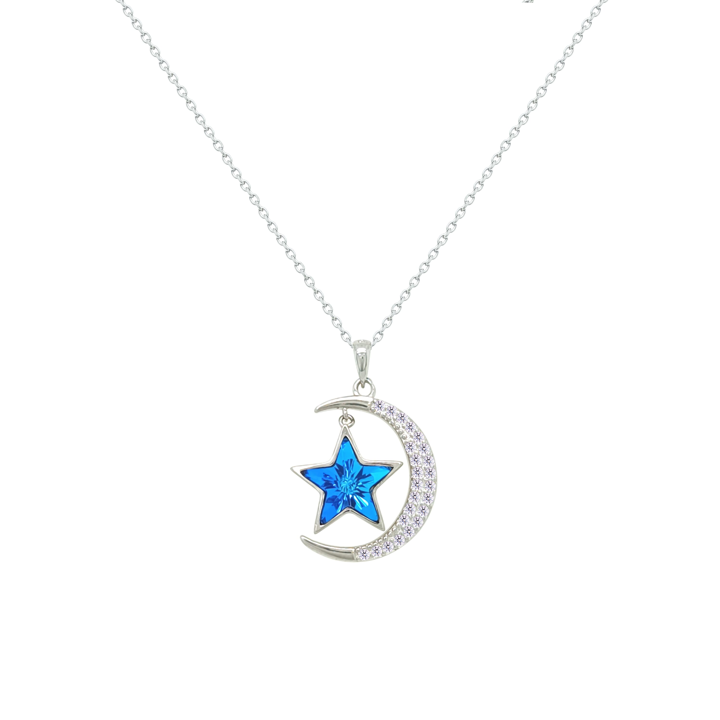 Asfour Crystal Chain Necklace With Blue Crescent & Star Design In 925 Sterling Silver-NM0093-WB