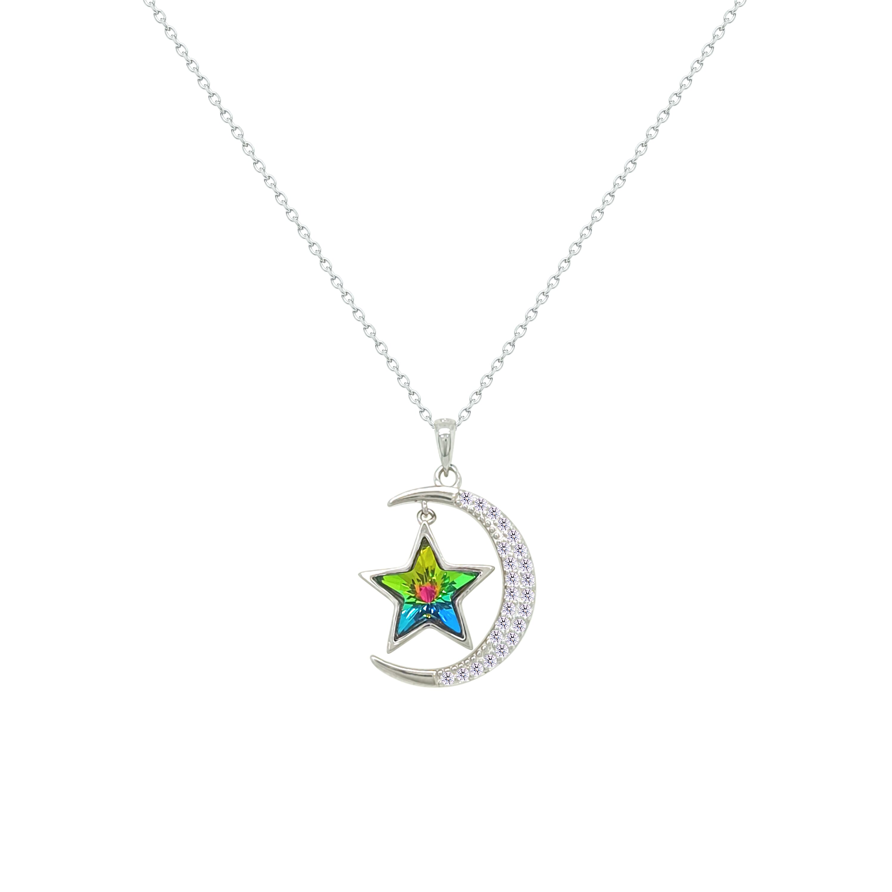 Asfour Crystal Chain Necklace With Muti Color Crescent & Star Design In 925 Sterling Silver-NM0093-WXBNY