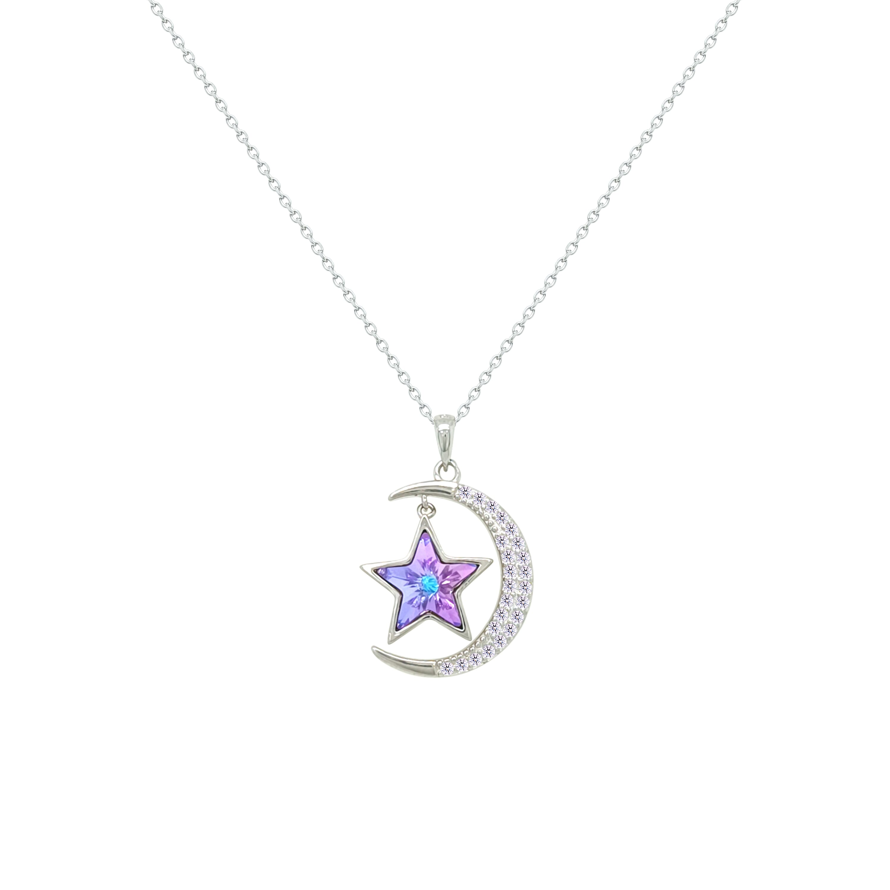Asfour Crystal Chain Necklace With Muti Color Crescent & Star Design In 925 Sterling Silver-NM0093-WXBN