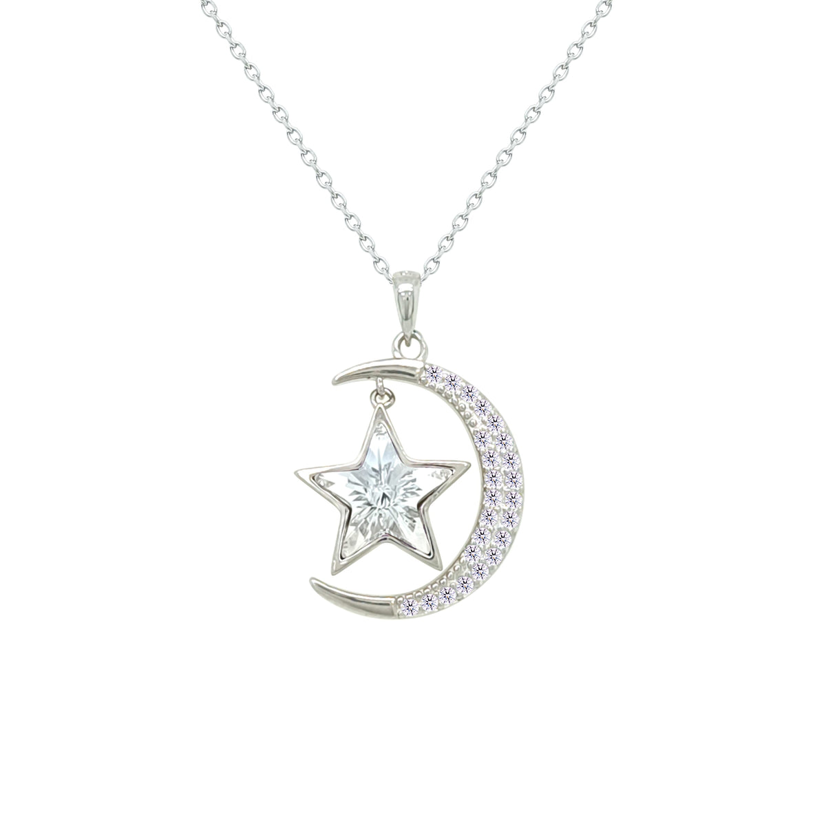 Asfour Crystal Chain Necklace With Crescent & Star Design In 925 Sterling Silver-NM0093