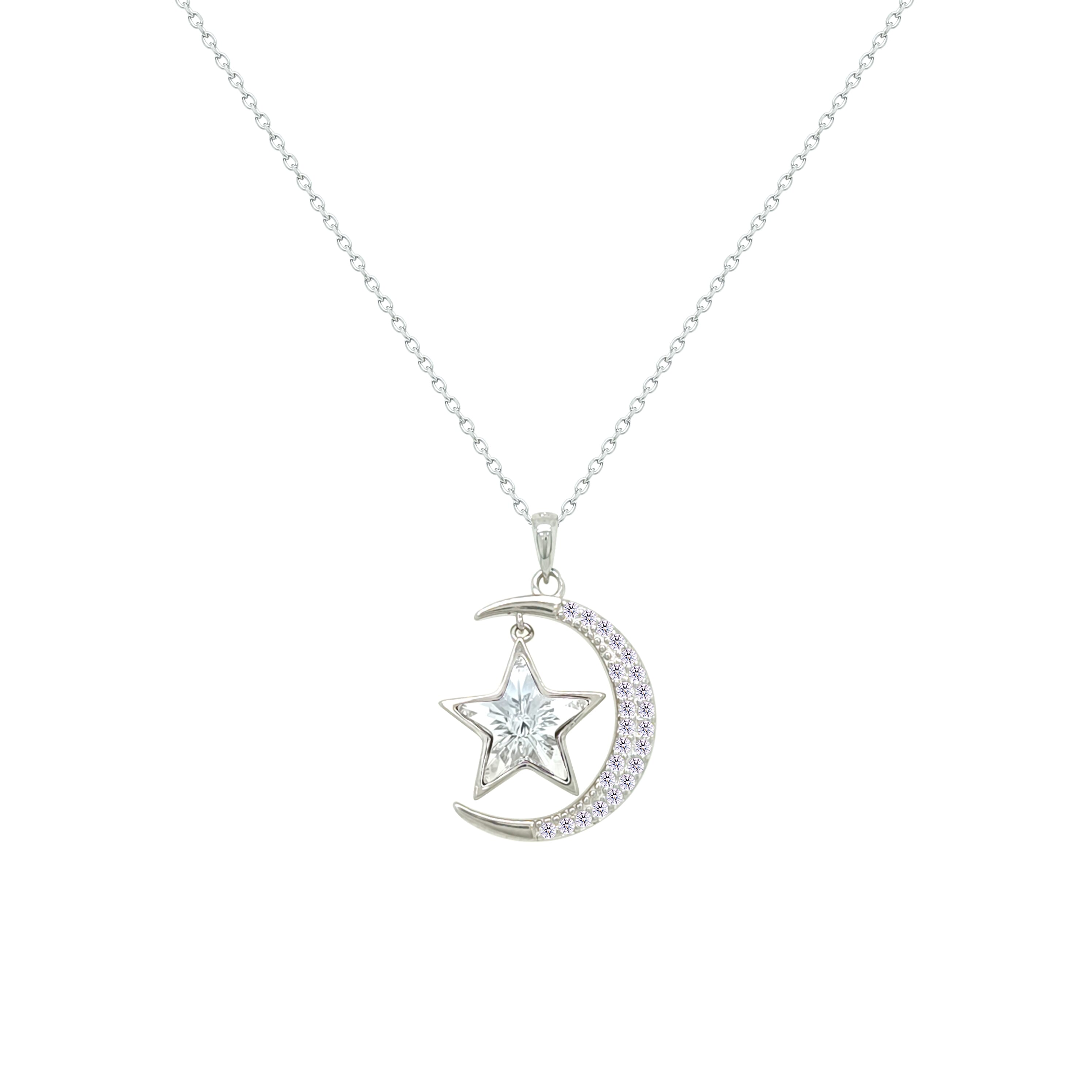 Asfour Crystal Chain Necklace With Crescent & Star Design In 925 Sterling Silver-NM0093