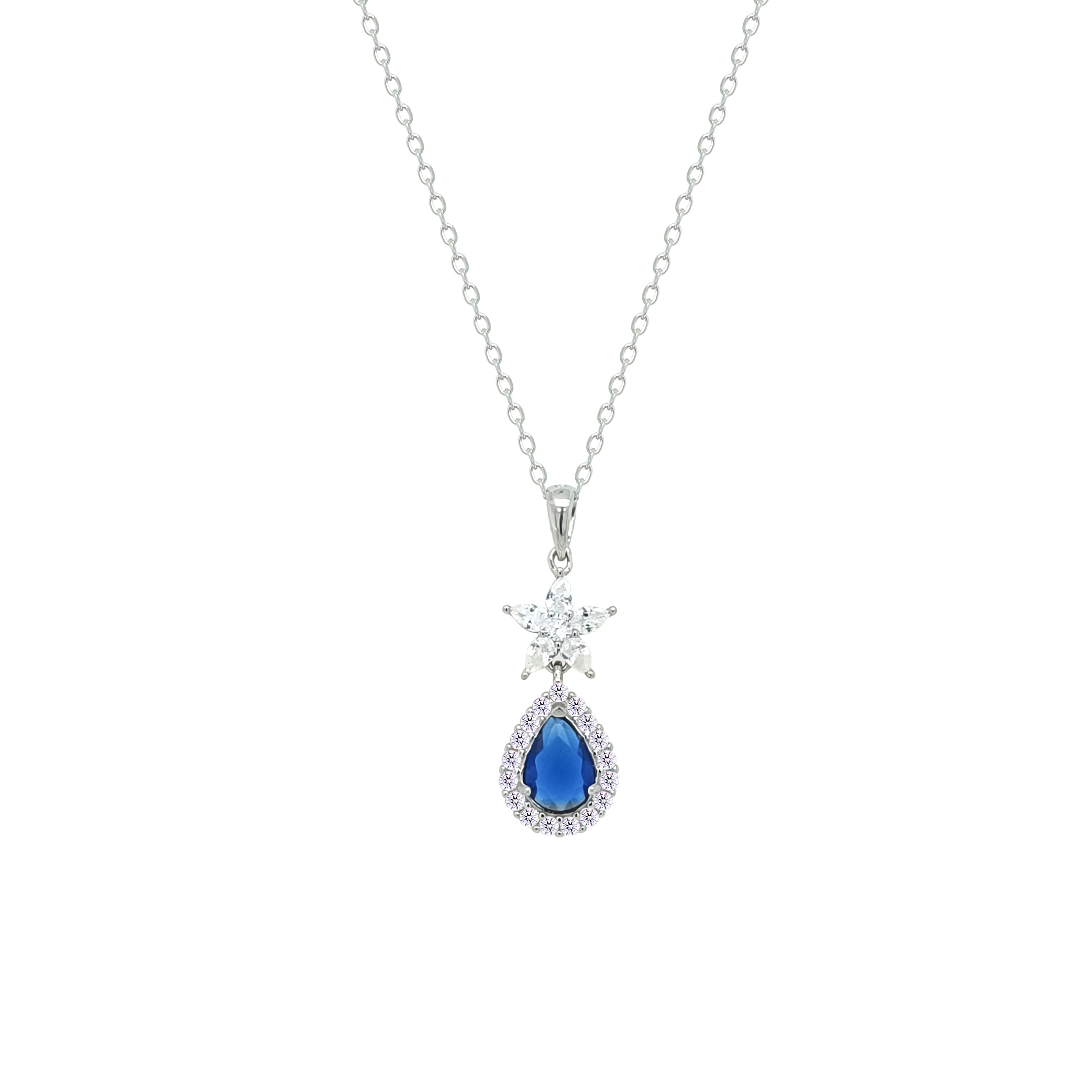 Asfour Crystal Chain Necklace With Halo Blue Pear Pendant In 925 Sterling Silver-NM0094-WB