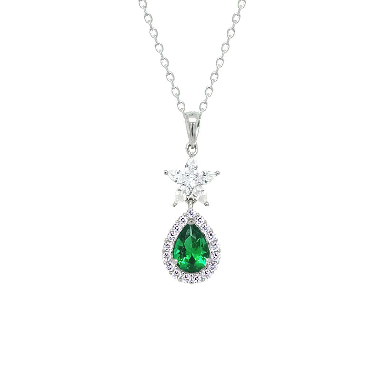 Asfour Crystal Chain Necklace With Halo Emerald Pear Pendant In 925 Sterling Silver-NM0094-WG