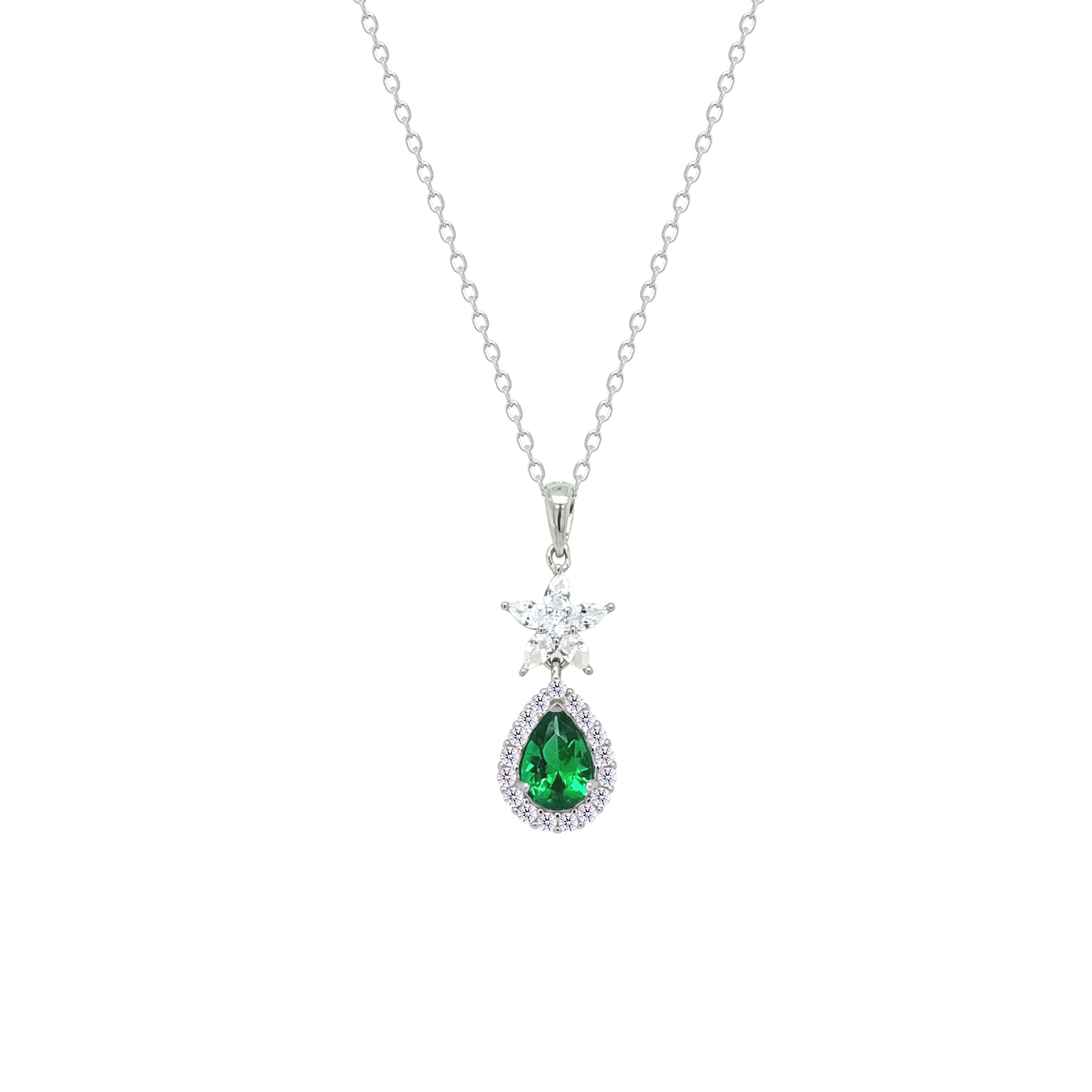 Asfour Crystal Chain Necklace With Halo Emerald Pear Pendant In 925 Sterling Silver-NM0094-WG