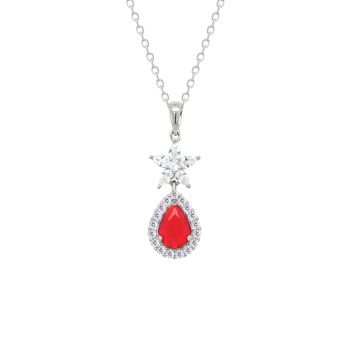 Asfour Crystal Chain Necklace With Halo Ruby Pear Pendant In 925 Sterling Silver-NM0094-WR