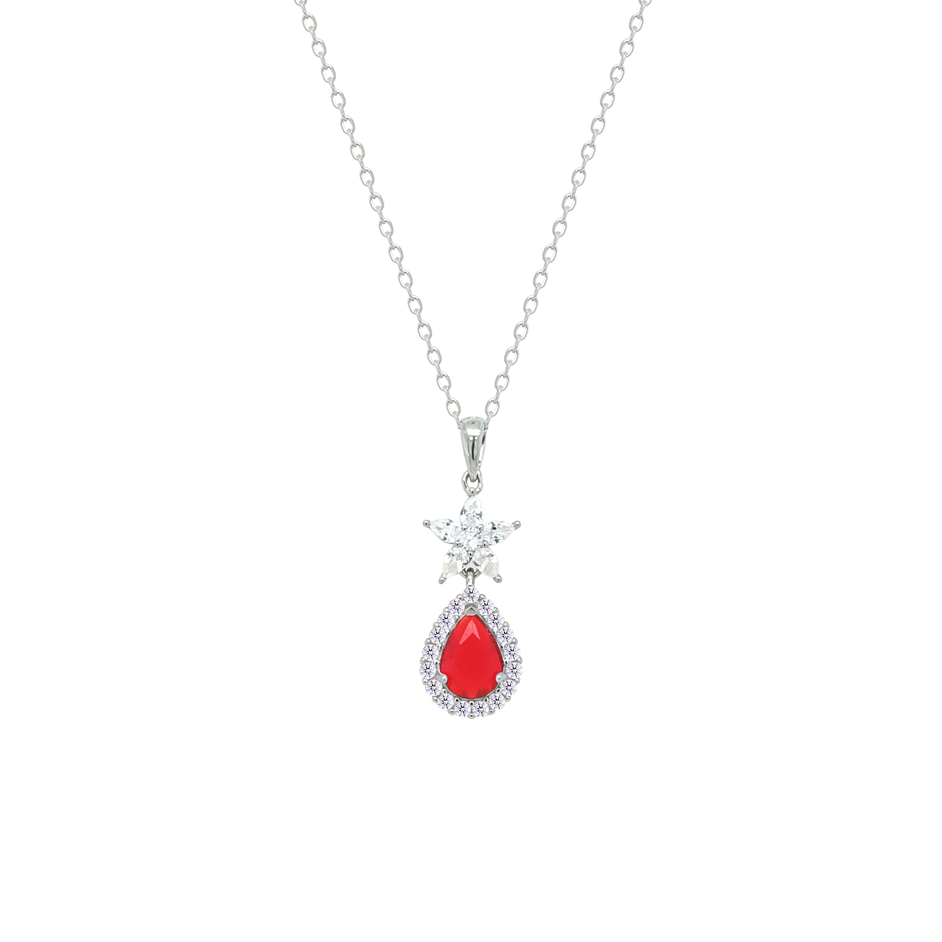 Asfour Crystal Chain Necklace With Halo Ruby Pear Pendant In 925 Sterling Silver-NM0094-WR