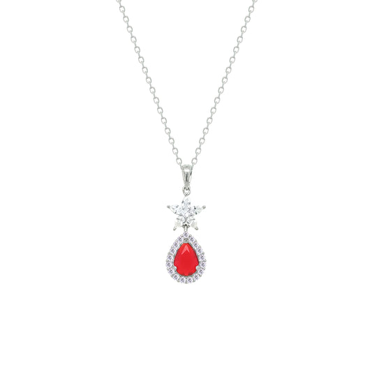 Asfour Crystal Chain Necklace With Halo Ruby Pear Pendant In 925 Sterling Silver-NM0094-WR